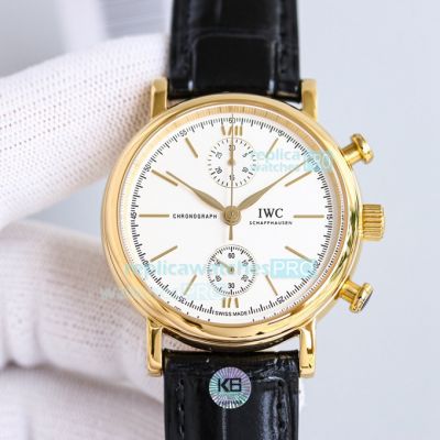 Copy IWC Schaffhausen Portuguese Chronograph Watch Yellow Gold Case White Dial Black Leather Strap 39mm